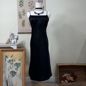 Vintage 90s Y2k Black Satin Beaded Straps Slip Dress Party Sexy Romantic Goth 8